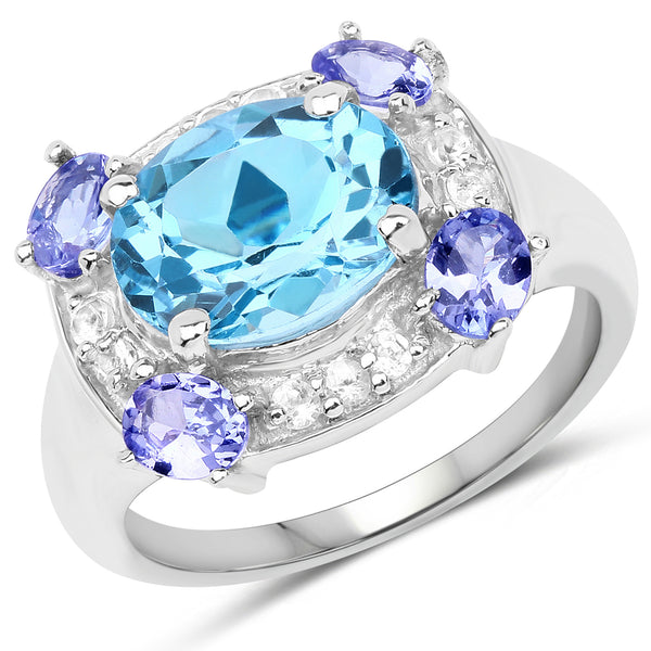 4.13 Carat Genuine Swiss Blue Topaz, Tanzanite & White Topaz .925 Sterling Silver Ring