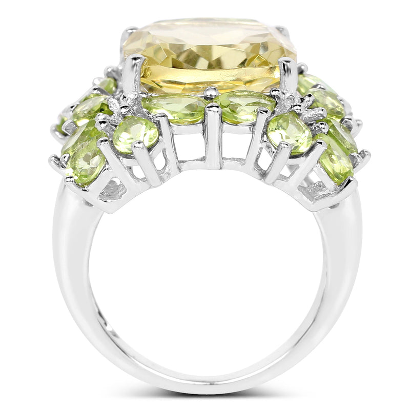 9.38 Carat Genuine Lemon Quartz & Peridot .925 Sterling Silver Ring