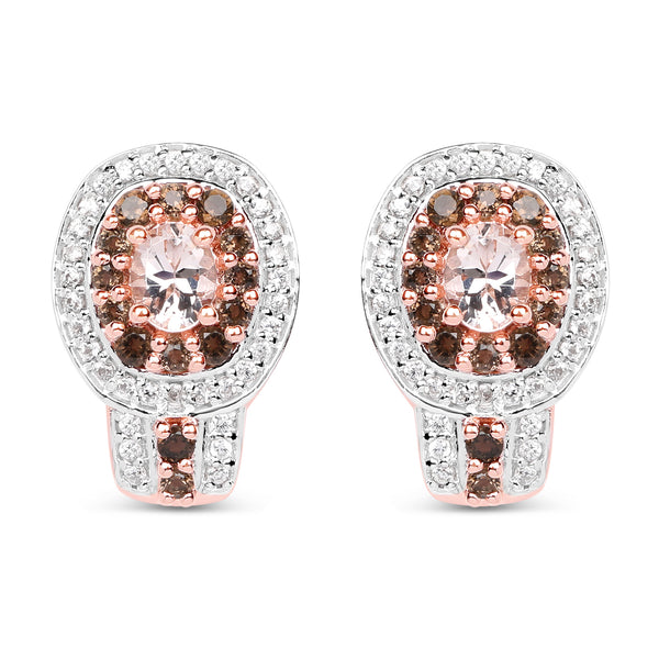 18K Rose Gold Plated 1.36 Carat Genuine Morganite, Smoky Quartz and White Zircon .925 Sterling Silver Earrings