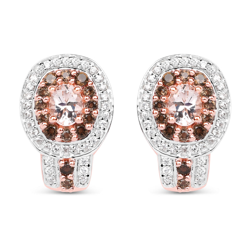 18K Rose Gold Plated 1.36 Carat Genuine Morganite, Smoky Quartz and White Zircon .925 Sterling Silver Earrings