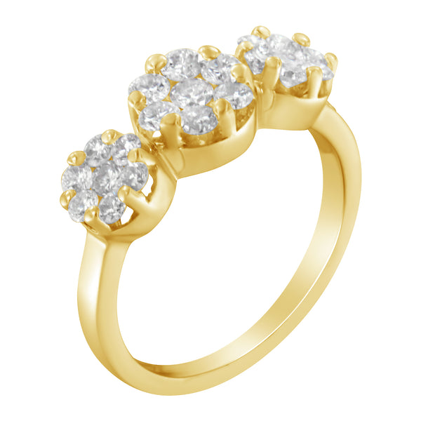 14K Yellow Gold 1-1/4 Cttw Brilliant Cut Diamond Three Round Floral Clusters Engagement or Fashion Ring (H-I Color, SI2-I1 Clarity) - Size 6