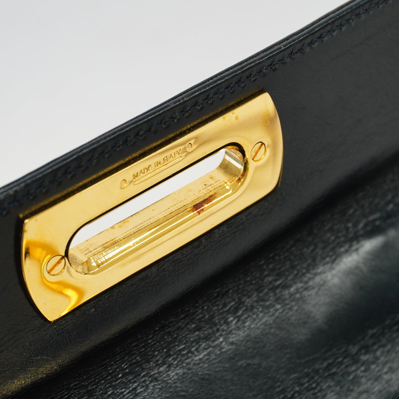 Auth Salvatore Ferragamo Handbag Gancio Leather Black Gold Metal