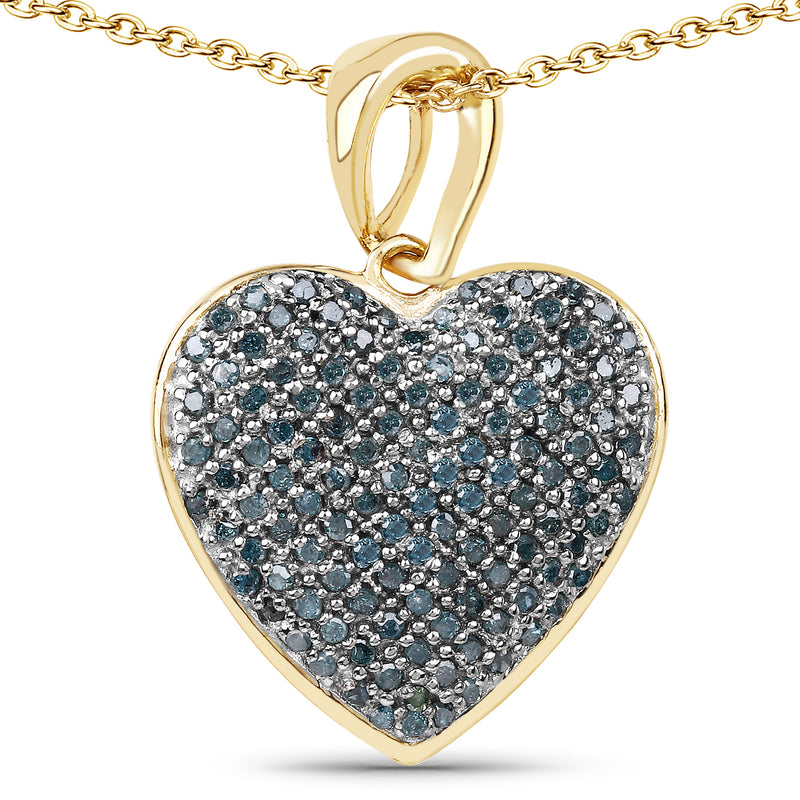 14K Yellow Gold Plated 0.68 Carat Genuine Blue Diamond .925 Sterling Silver Heart Shape Pendant