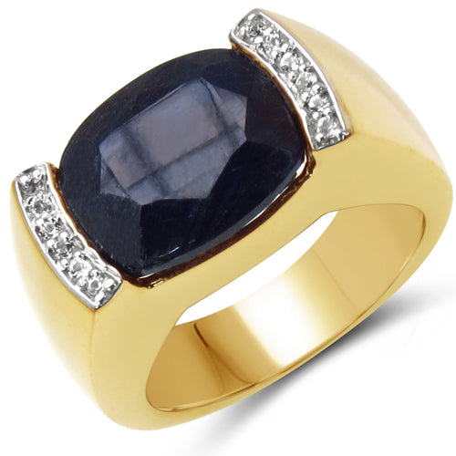 14K Yellow Gold Plated 9.07 Carat Genuine Sapphire & White Topaz .925 Sterling Silver Ring