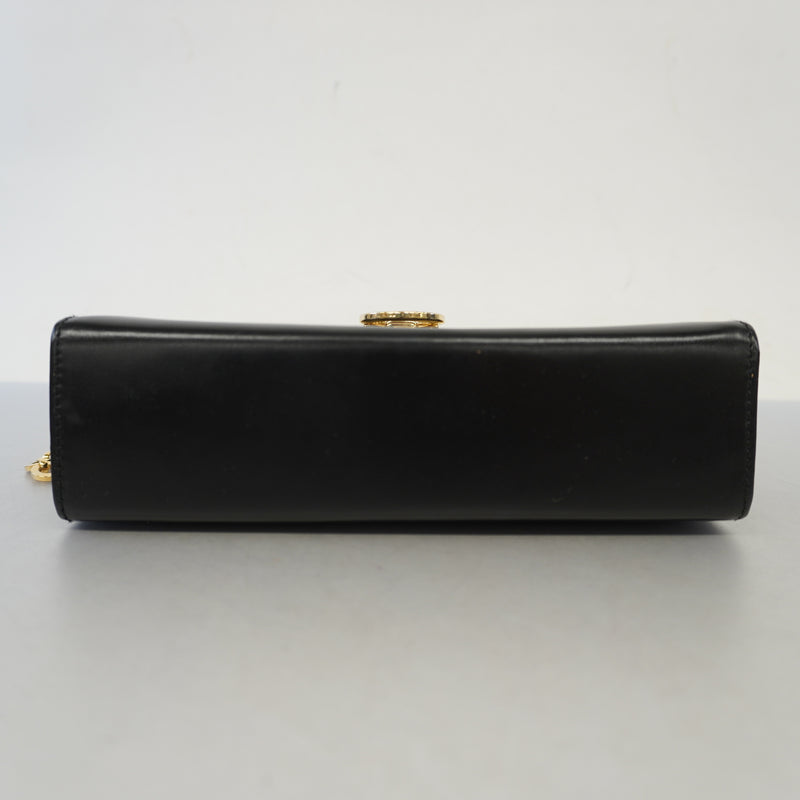 Auth Salvatore Ferragamo Shoulder Bag Gancio Leather Black Gold Metal