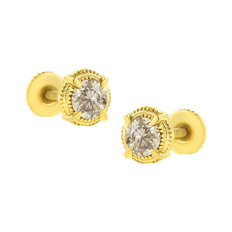 14K Yellow Gold Plated .925 Sterling Silver 1/2 Cttw Round Brilliant Cut Diamond Solitaire Milgrain Stud Earrings (K-L Color, I2-I3 Clarity)