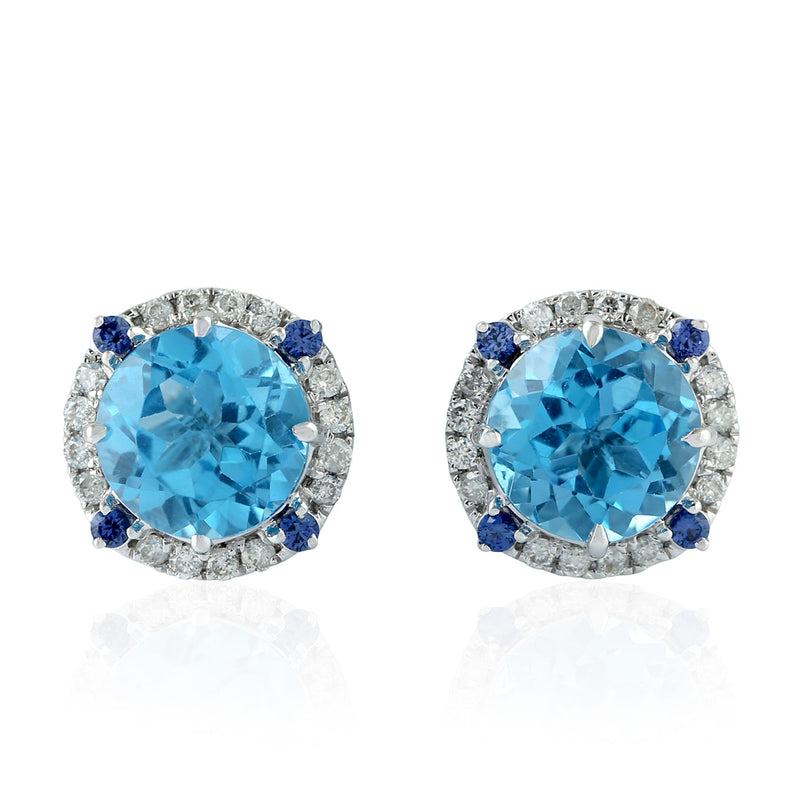 3.45ct Sapphire Stud Earrings 18k White Gold Diamond Jewelry