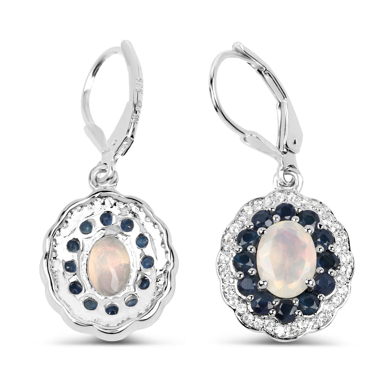 2.80 Carat Genuine Ethiopian Opal, Blue Sapphire and White Topaz .925 Sterling Silver Earrings