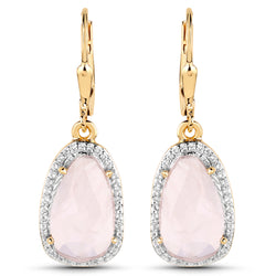 18K Yellow Gold Plated 7.47 Carat Genuine Rose Quartz and White Topaz .925 Sterling Silver Earrings