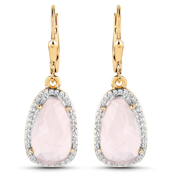 18K Yellow Gold Plated 7.47 Carat Genuine Rose Quartz and White Topaz .925 Sterling Silver Earrings