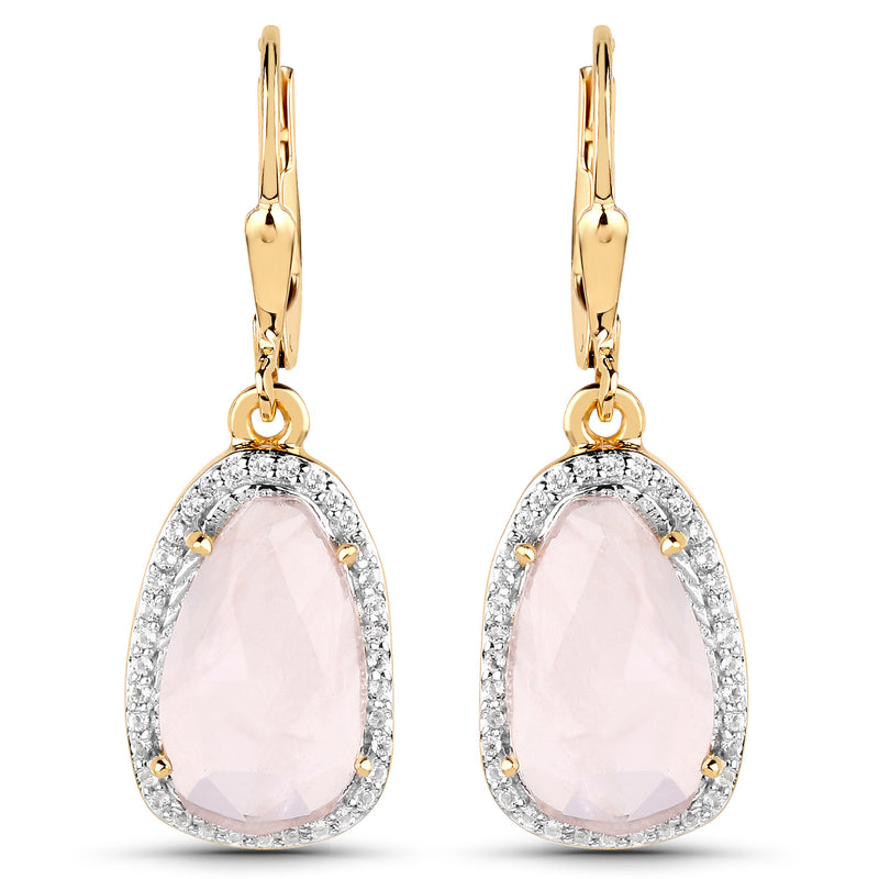 18K Yellow Gold Plated 7.47 Carat Genuine Rose Quartz and White Topaz .925 Sterling Silver Earrings