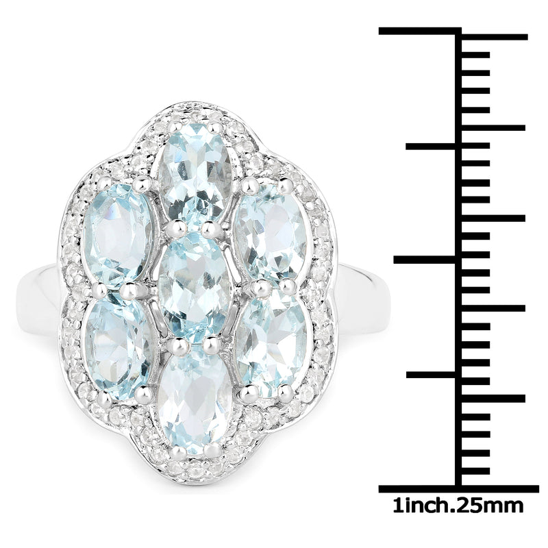 3.09 Carat Genuine Aquamarine and White Zircon .925 Sterling Silver Ring