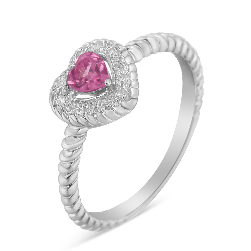 .925 Sterling Silver 4MM Pink Sapphire Heart and Diamond Accent Heart Ring (I-J Color, I2-I3 Clarity) - Size 6