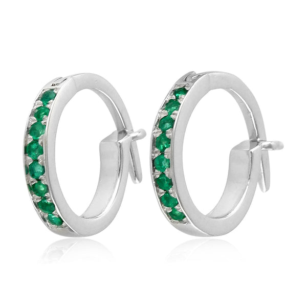 Pave Emerald Huggie Earrings Set In High Quality 10k White Gold Jewelry For Her