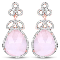 14K Rose Gold Plated 20.80 Carat Genuine Rose Quartz and White Topaz .925 Sterling Silver Earrings