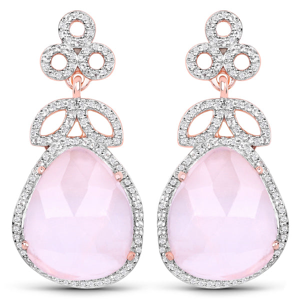 14K Rose Gold Plated 20.80 Carat Genuine Rose Quartz and White Topaz .925 Sterling Silver Earrings