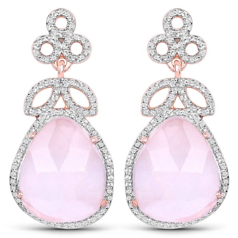 14K Rose Gold Plated 20.80 Carat Genuine Rose Quartz and White Topaz .925 Sterling Silver Earrings