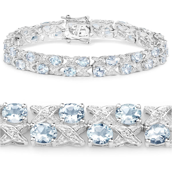 10.20 Carat Genuine Aquamarine and White Topaz .925 Sterling Silver Bracelet