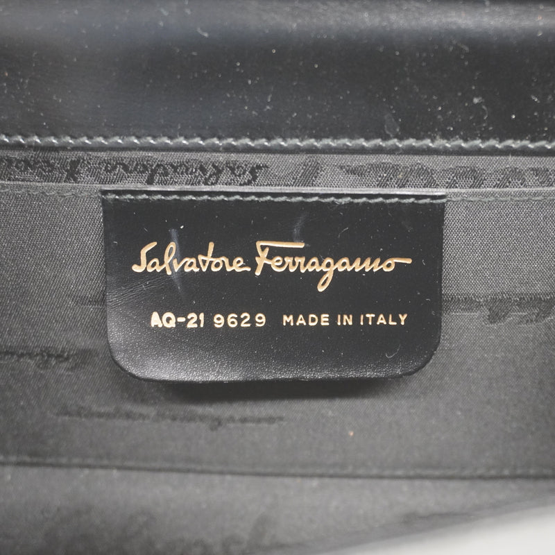 Auth Salvatore Ferragamo Shoulder Bag Gancio Leather Black Gold Metal