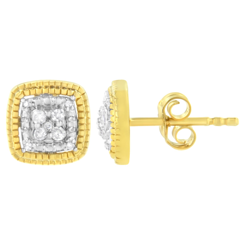 10K Yellow Gold Plated .925 Sterling Silver 1/10 Cttw Prong-Set Round Cut Diamond Square Shape with Milgrain Halo Stud Earrings (I-J Color, I2-I3 Clarity)