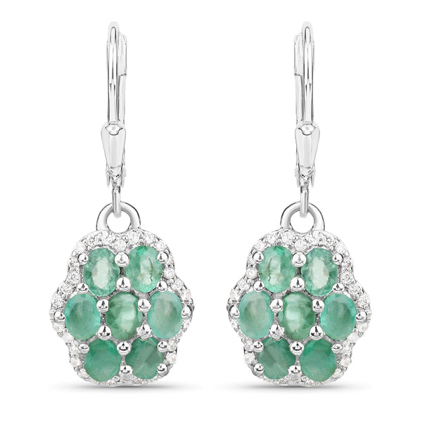 2.48 Carat Genuine Zambian Emerald and White Zircon .925 Sterling Silver Earrings