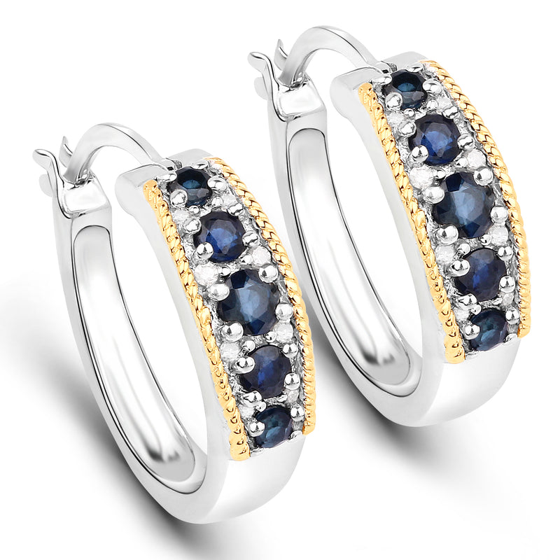 0.70 Carat Genuine Blue Sapphire and White Diamond .925 Sterling Silver with 14K Yellow Gold Earrings