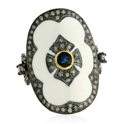 Elegant 18kt Gold Blue Sapphire Pave Diamond Sterling Silver Enamel Ring Jewelry