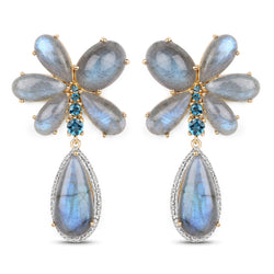 14K Yellow Gold Plated 47.85 Carat Genuine Labradorite, London Blue Topaz and White Topaz .925 Sterling Silver Earrings