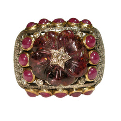 Solid Yellow Gold Pave Diamond Ruby Gemstone Carved Ring