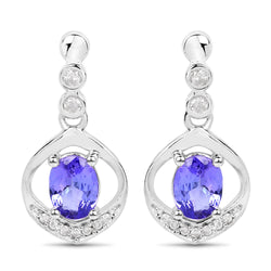 0.76 Carat Genuine Tanzanite and White Diamond 14K White Gold Earrings