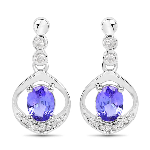 0.76 Carat Genuine Tanzanite and White Diamond 14K White Gold Earrings