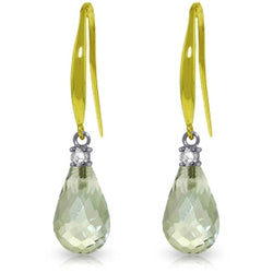 4.6 Carat 14K Solid Yellow Gold Fish Hook Earrings Diamond&green Amethyst