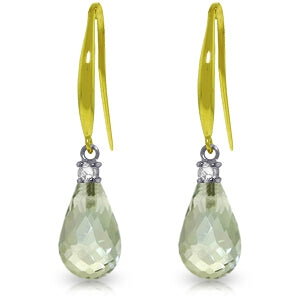 4.6 Carat 14K Solid Yellow Gold Fish Hook Earrings Diamond&green Amethyst