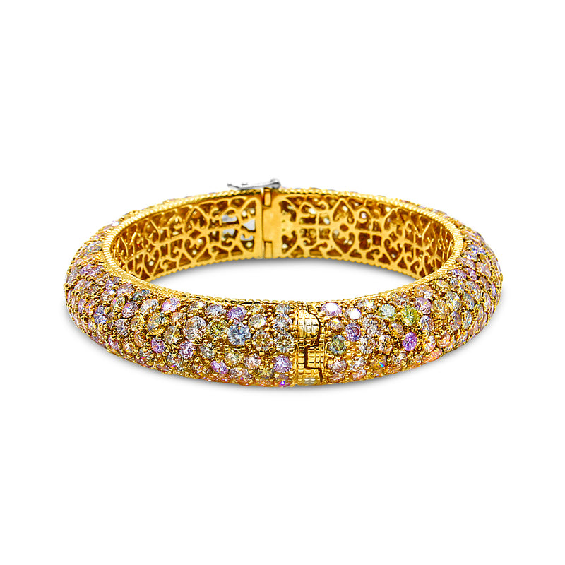 18K Yellow Gold 32.0 Cttw Mixed Diamond Color Multi Row Art Deco Style Milgrain Bangle (Mixed Color VS2-SI1 Clarity)