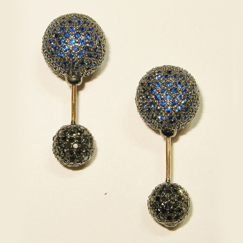 Black Diamond Blue Sapphire Double Sided Handmade Earrings 18k Solid Gold