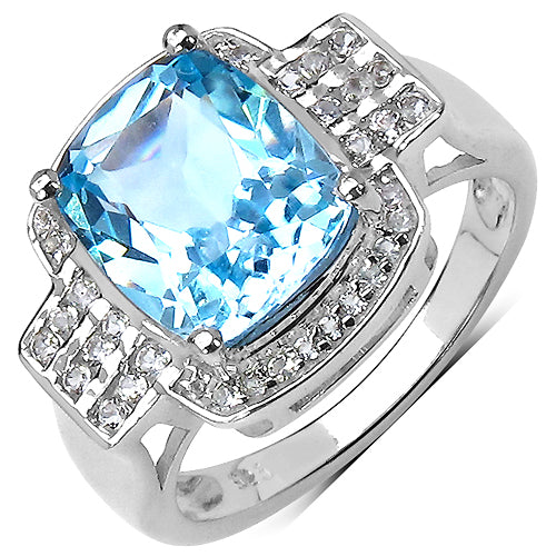 4.48 Carat Genuine Blue Topaz and White Topaz .925 Sterling Silver Ring