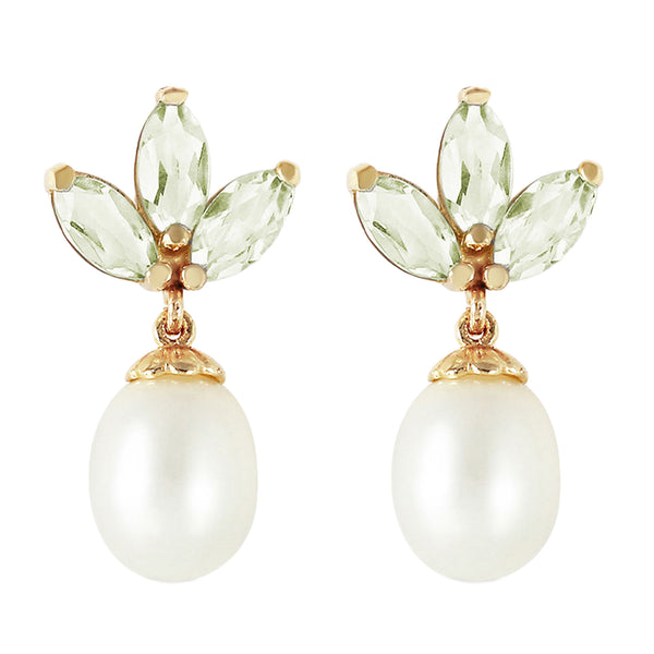 9.5 Carat 14K Solid Yellow Gold Dangling Earrings Pearl Green Amethyst