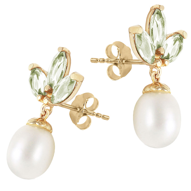 9.5 Carat 14K Solid Yellow Gold Dangling Earrings Pearl Green Amethyst