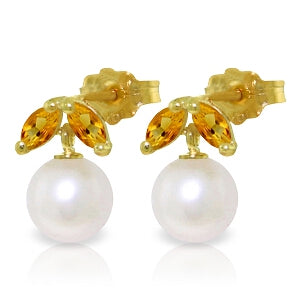 4.4 Carat 14K Solid Yellow Gold Stud Earrings Pearl Citrine