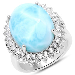 17.62 Carat Genuine Larimar and White Topaz .925 Sterling Silver Ring