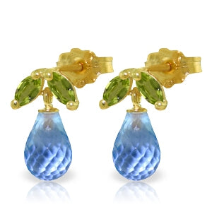 3.4 Carat 14K Solid Yellow Gold Stud Earrings Peridot Blue Topaz