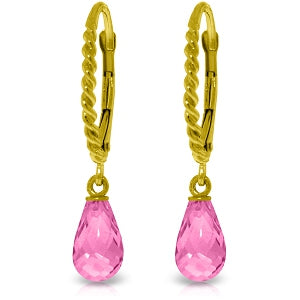 3 Carat 14K Solid Yellow Gold Leverback Earrings Briolette Pink Topaz