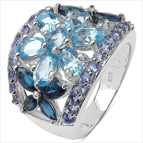 6.06 Carat Genuine Blue Topaz, London Blue Topaz & Tanzanite .925 Sterling Silver Ring