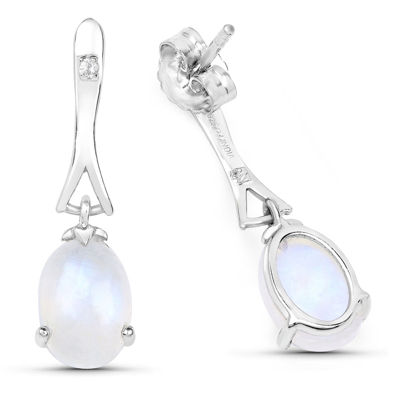 4.27 Carat Genuine White Rainbow Moonstone And White Topaz .925 Sterling Silver Earrings