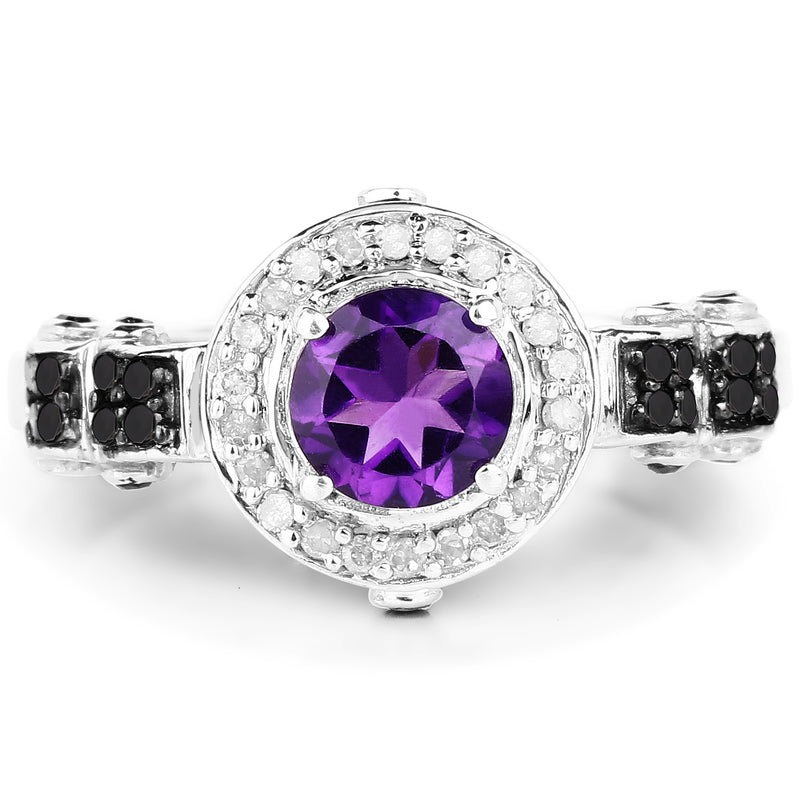 1.02 Carat Genuine Amethyst, Black Diamond & White Diamond .925 Sterling Silver Ring