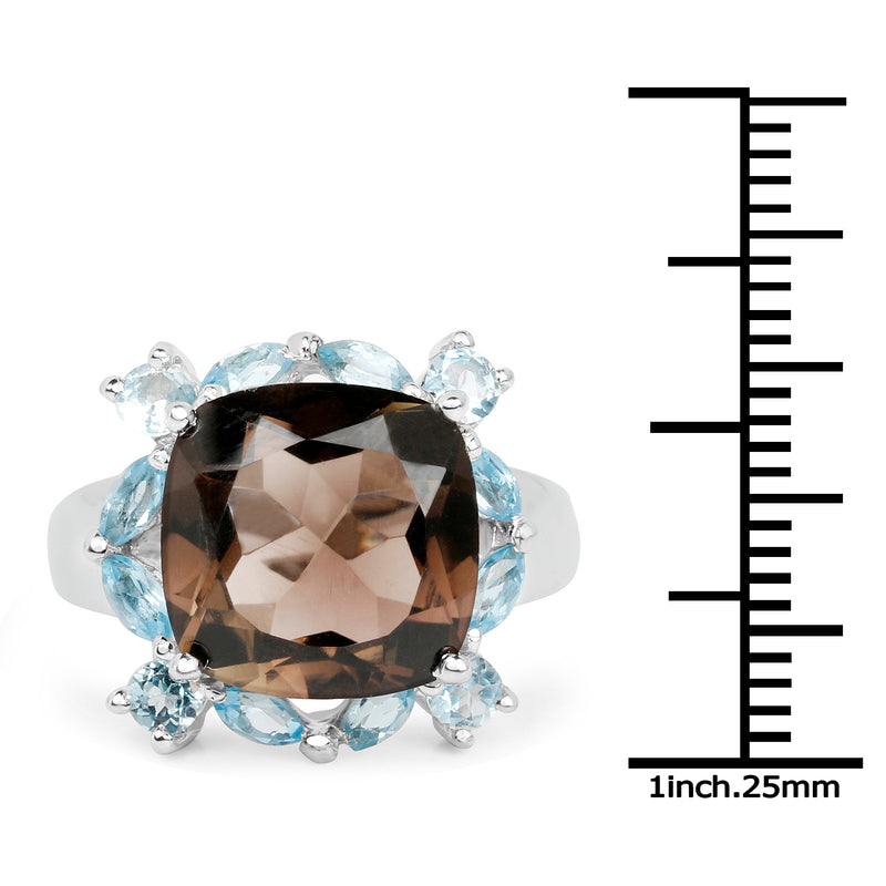 7.74 Carat Genuine Smoky Quartz and Blue Topaz .925 Sterling Silver Ring