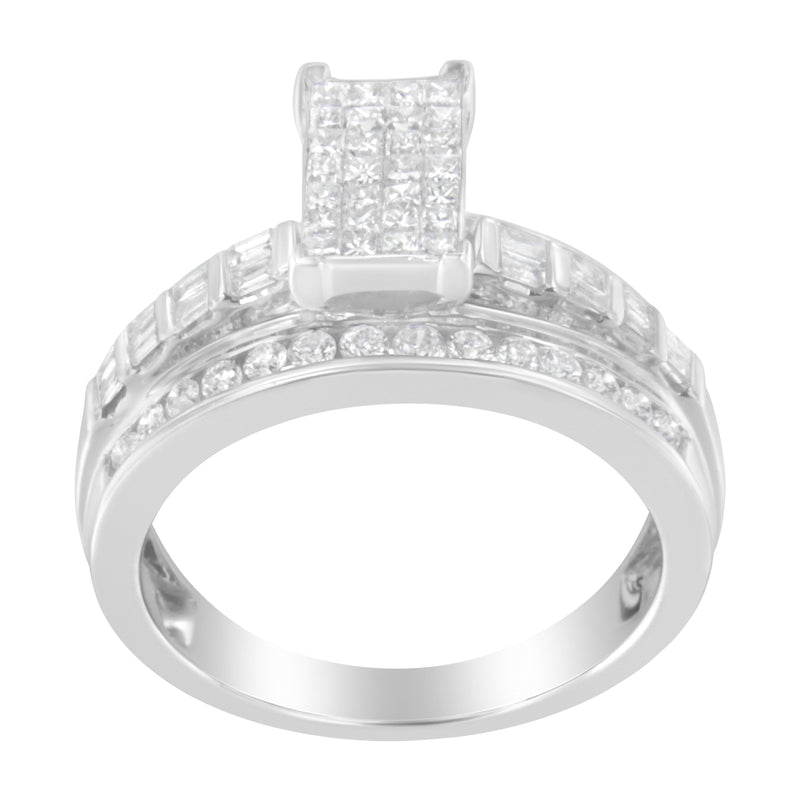 14K White Gold 1.0 Cttw Mixed-Cut Diamond Rectangle Invisible-Set Composite Cluster Ring with Bar- and Channel-Set Band (H-I Color, SI2-I1 Clarity) - Size 7