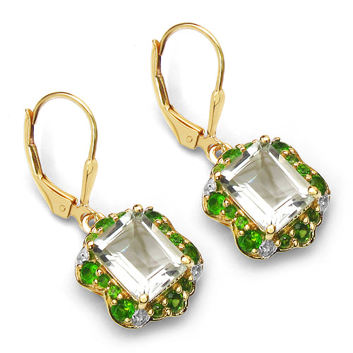 14K Yellow Gold Plated 5.60 Carat Genuine Amethyst, Chrome Diopside & White Topaz .925 Sterling Silver Earrings