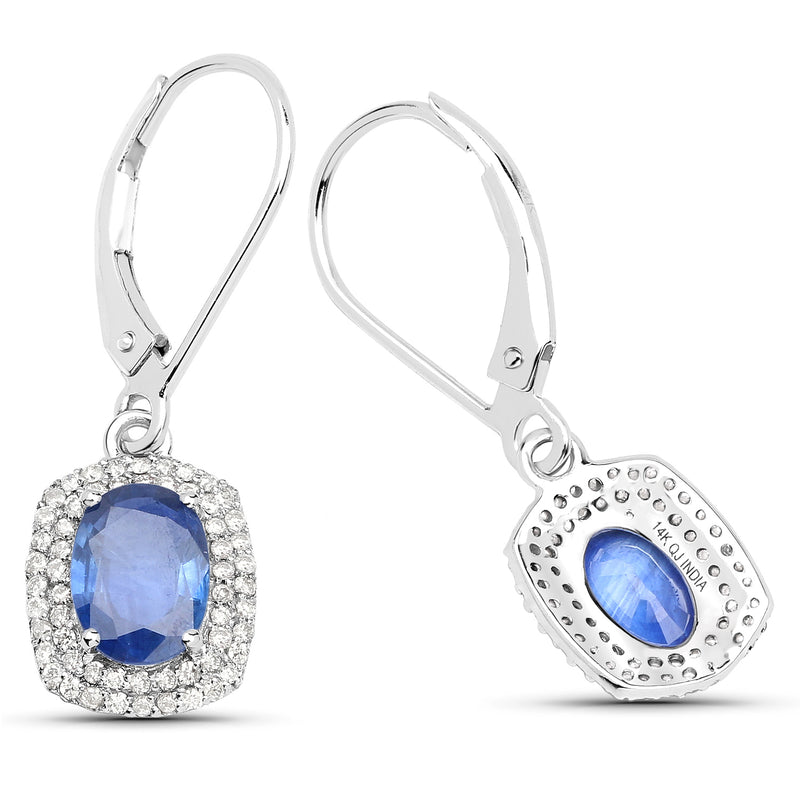 2.36 Carat Genuine Blue Sapphire and White Diamond 14K White Gold Earrings