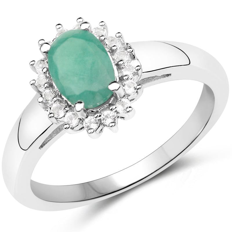 0.89 Carat Genuine Emerald and White Topaz .925 Sterling Silver Ring